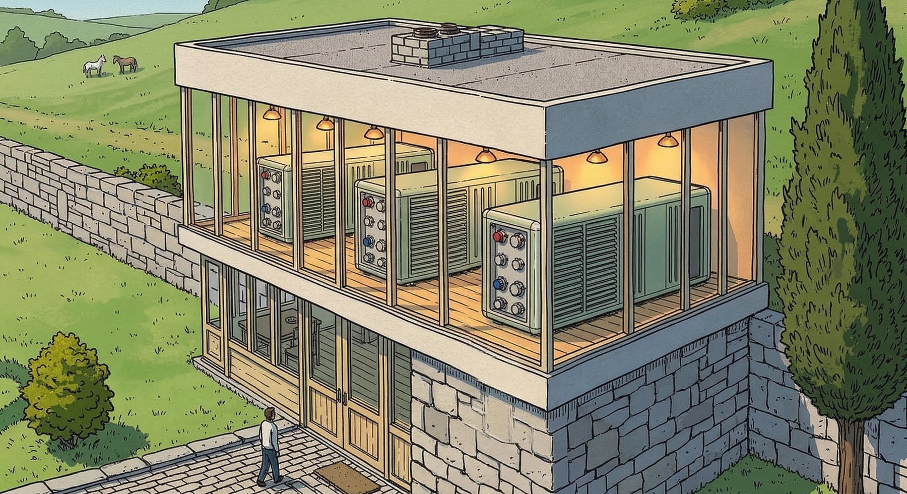 Three MicroLink heat pump modules in a glass pavilion overlooking countryside