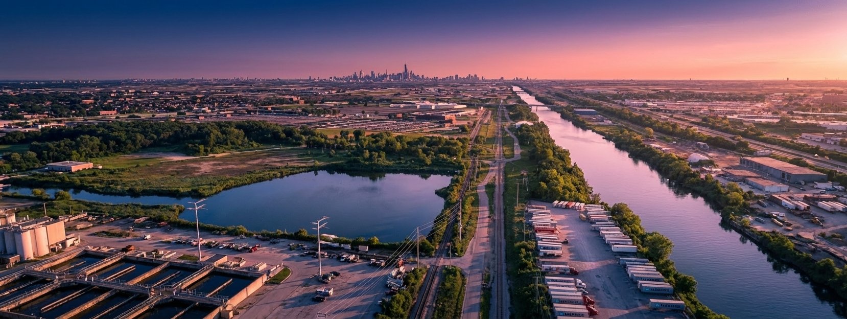 MWRD Stickney WWTP — aerial along the Sanitary and Ship Canal at sunset, Chicago skyline in distance